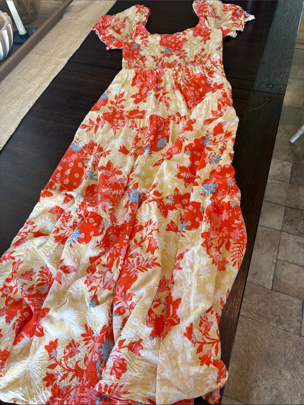 Smocked Floral Maxi Dress in Coral and Cream